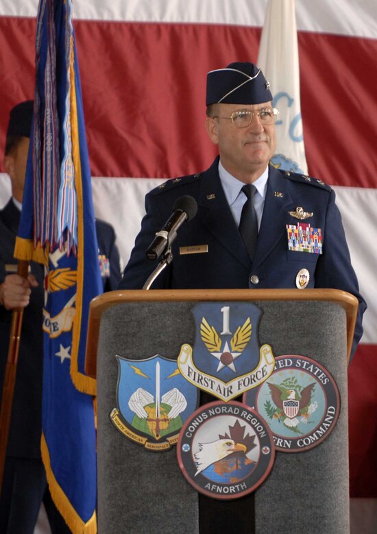 Maj Gen Hank Morrow addresses the troops during his assumption of command ceremony here Wednesday.  General Morrow responsibilities include command of First Air Force, Air Forces Northern and the Continental US NORAD Region.