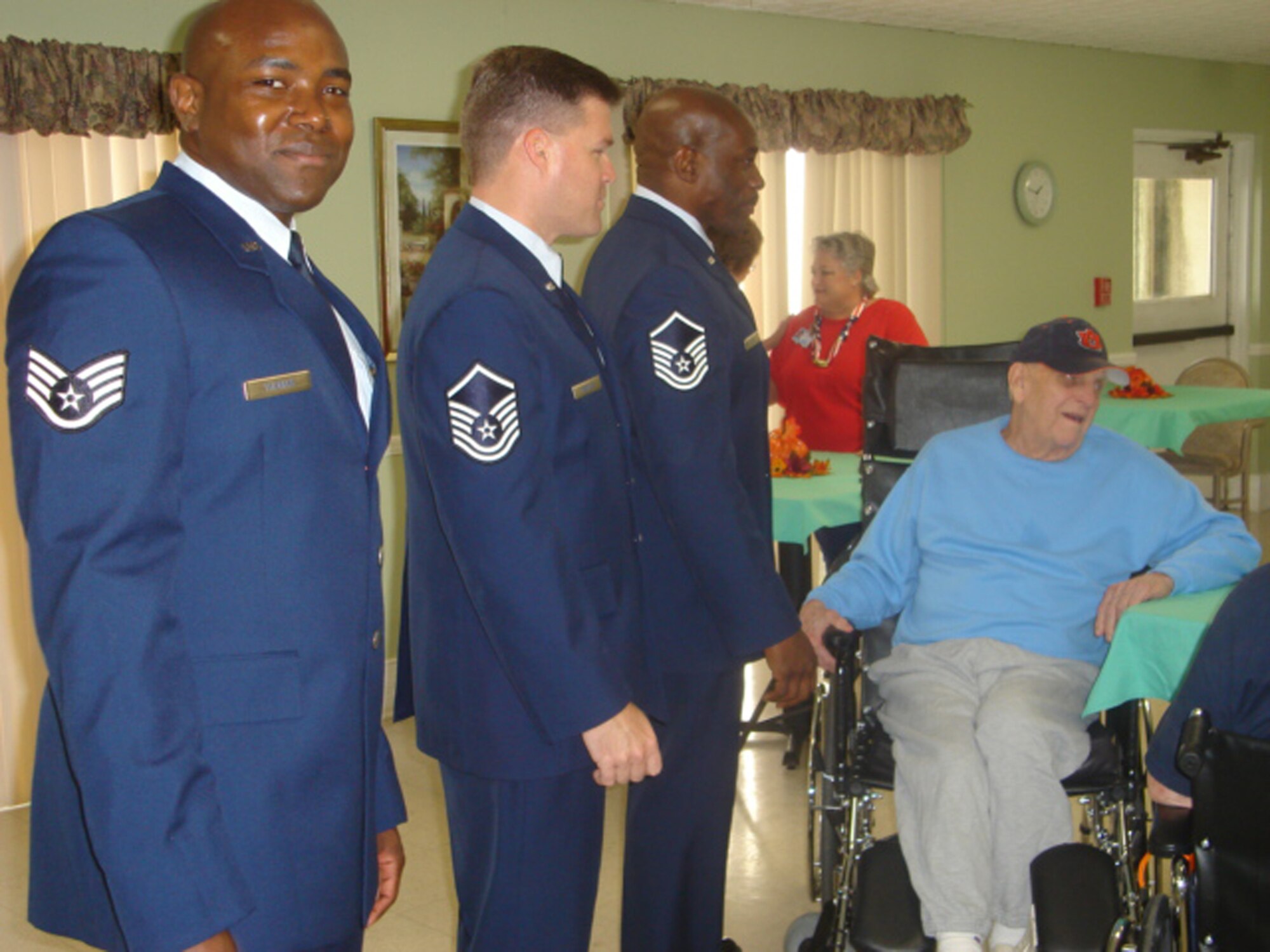 Staff Sgt. Ben Thomas, 53d Computer Systems Squadron, Master Sgt. Joe Drexler, 16th Electronic Warfare Squadron, and Master Sgt. Allen Ajaye, 36th Electronic Warfare Squadron, visited veterans at Parthenon Health Care Nov. 10.  More than 30 wing members visited veterans in Fort Walton Beach, Crestview and Niceville communities.