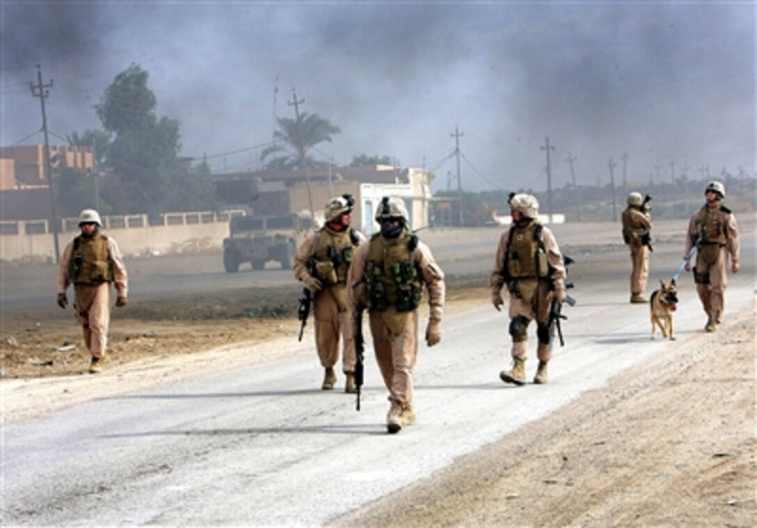 Marines of Jump Platoon, 3rd Battalion, 2nd Marine Regiment patrol down a sandy path near Mudiq, Iraq, Nov. 8. The group was there to keep insurgents out of the area with vehicle checkpoints.

