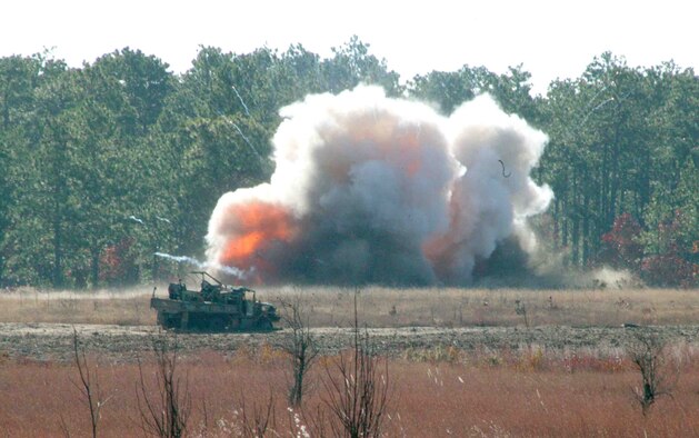After the faulty BDUs are lined up along with classified materials and other munitions, they are destroyed using C-4 expolosives to render them safe. (U.S. Air Force photo/Senior Airman John Gordinier)