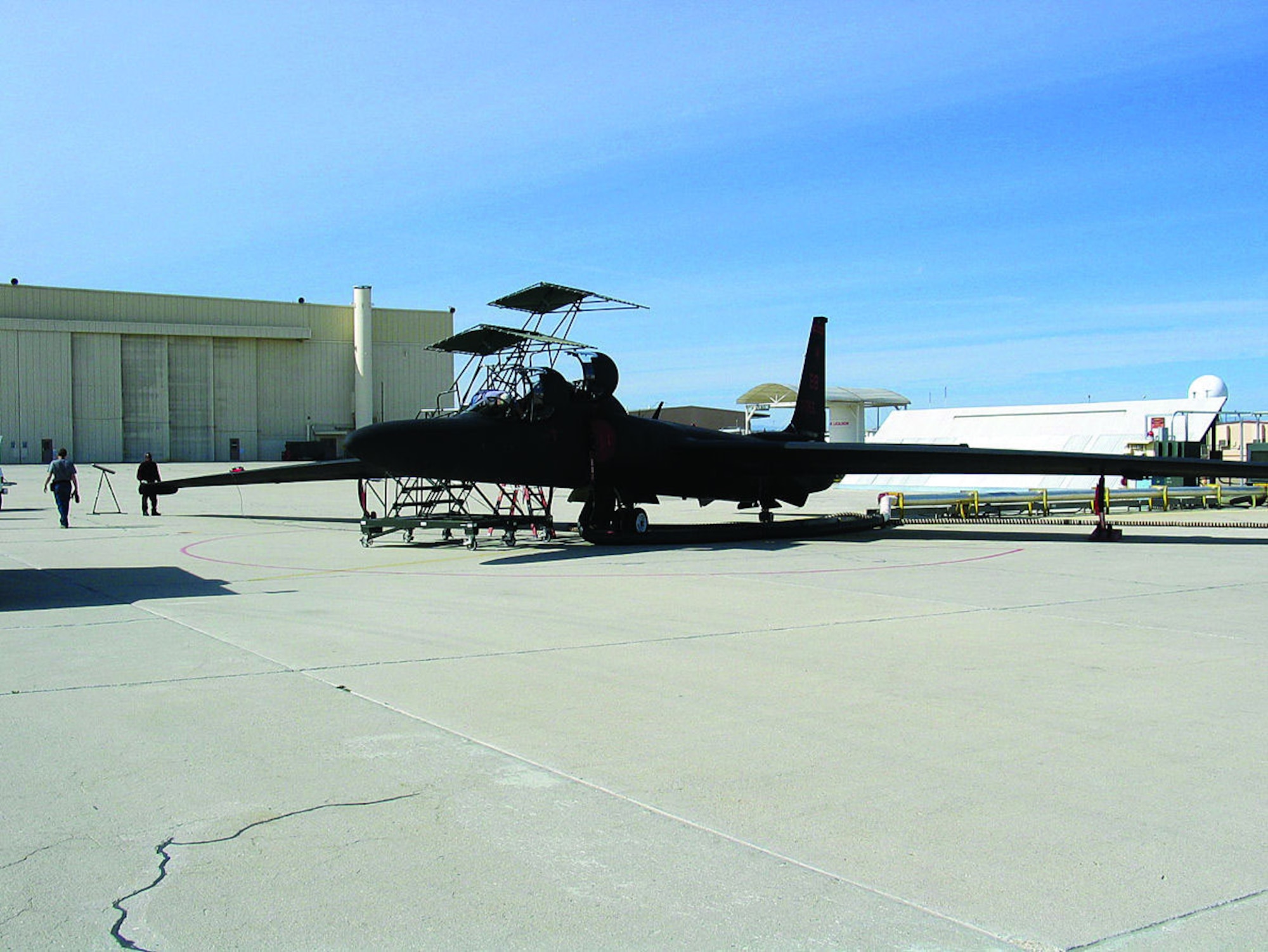 A two-seat U-2, one of five in the Air Force fleet, sits ready for a proficiency flight at Air Force Plant 42 in Palmdale, Calif.  (Photo by Tech. Sgt. Jeff Meyer)