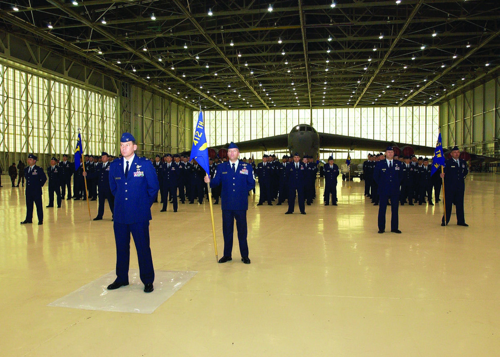 Col. Richard Ingalsbe, 412th Test Wing vice commander, leads the 412th TW formation during the change of command ceremony Feb. 2, 2006, in hangar 1600. The new 412th TW commander, Col. Arnie Bunch, said his focus is reminding and reiterating to everyone what a critical role they play in getting weapons systems out in the field to accomplish the Air Force mission.  (Photo by Chad Bellay)