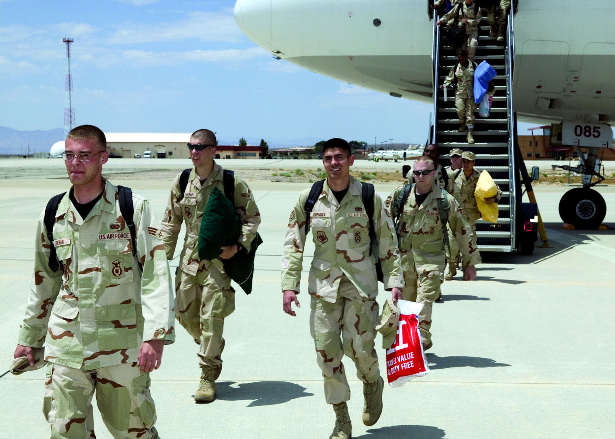 More than 40 Airmen from Edwards, Travis Air Force Base, Calif., and Nellis AFB, Nev., arrived here June 9, 2006. Airmen from the 95th Security Forces Squadron spent more than six months in Afghanistan after completing a two-month training with the U.S. Army.  (Photo by Bobbi Zapka)