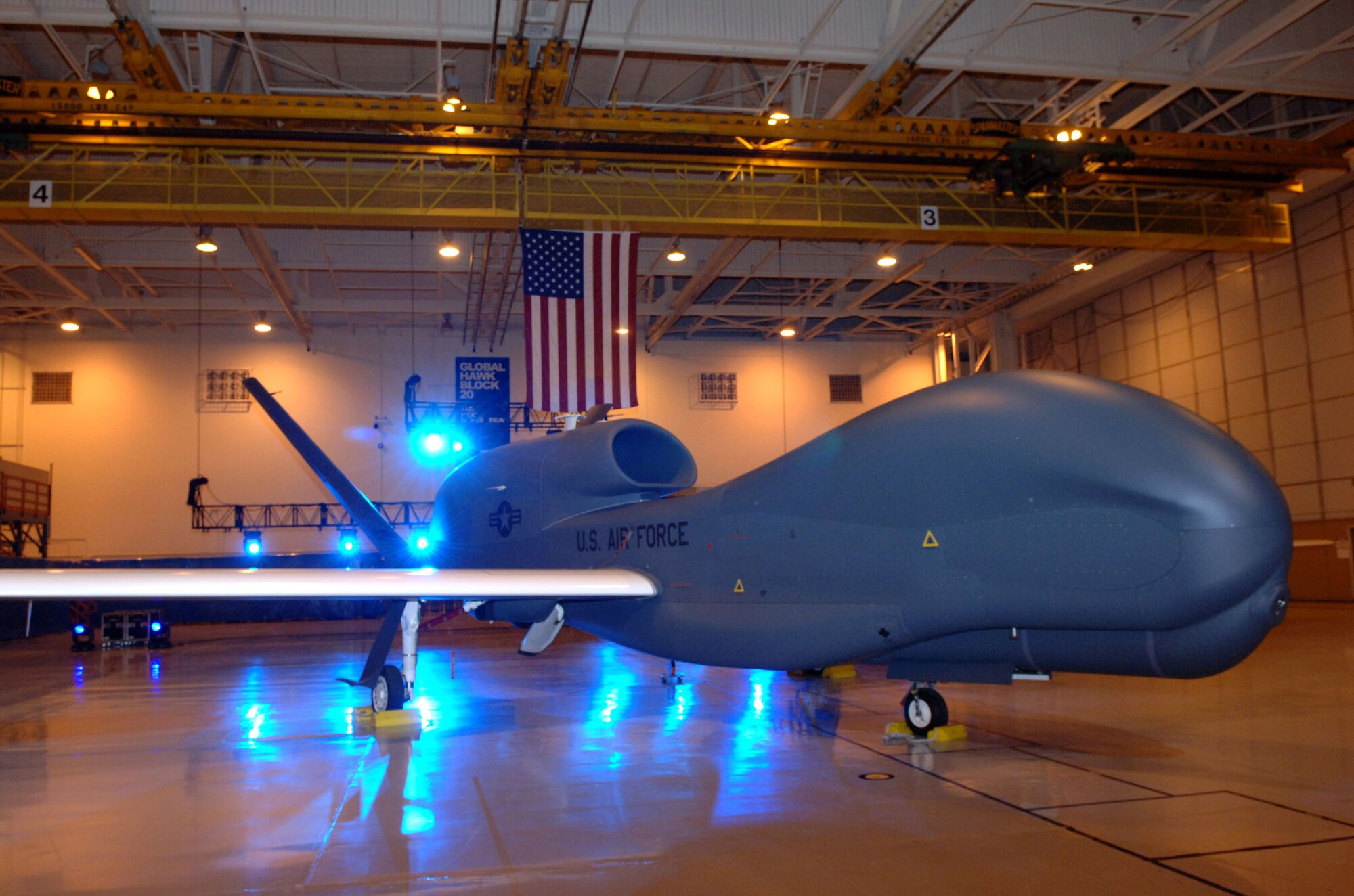 The new Global Hawk Block 20 sits parked in an Air Force Plant 42 hangar in Palmdale, Calif. The Combined Test Force conducted safety-of-flight engine run tests and taxi testing September 26 and 27, 2006. The Global Hawk is also scheduled to conduct takeoff abort tests, and first flight. The first flight will deliver the Global Hawk to Edwards for more testing.  (Photo by Bill Krause)