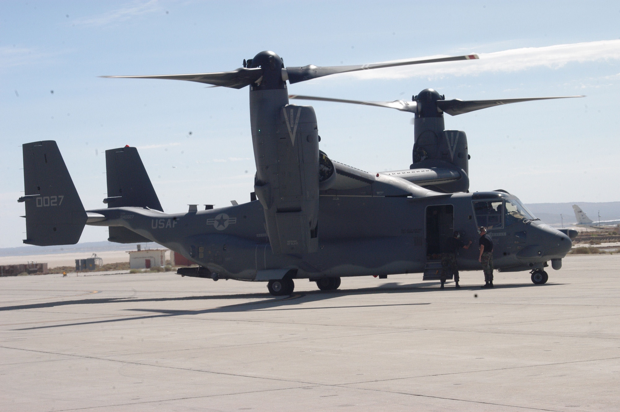 The CV-22 Osprey pulls in after performing a series of test flights here. The tests evaluated the cumulative effects of several installed electronic countermeasures systems that demonstrated the susceptibility of the CV-22 in a simulated threat environment.  (Photo by Staff Sgt. Mark Woodbury)