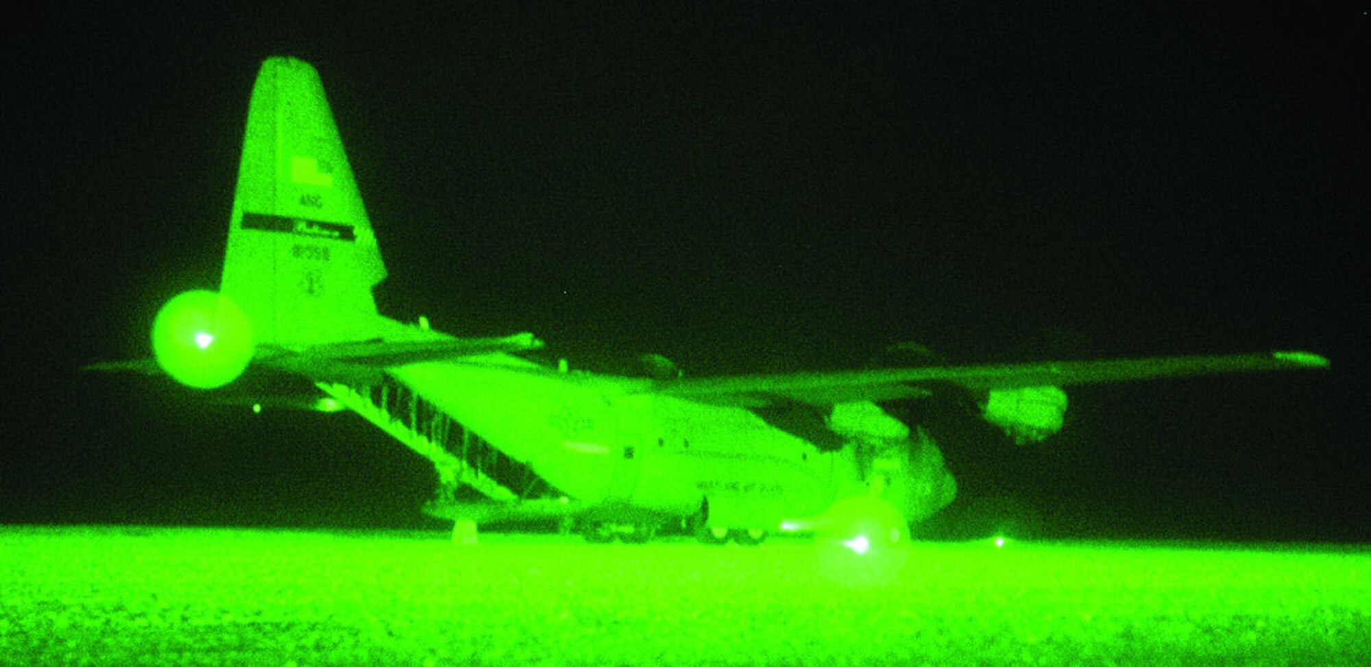 A C-130J as seen through night-vision goggles during Phase 2 testing.  (Courtesy photo)