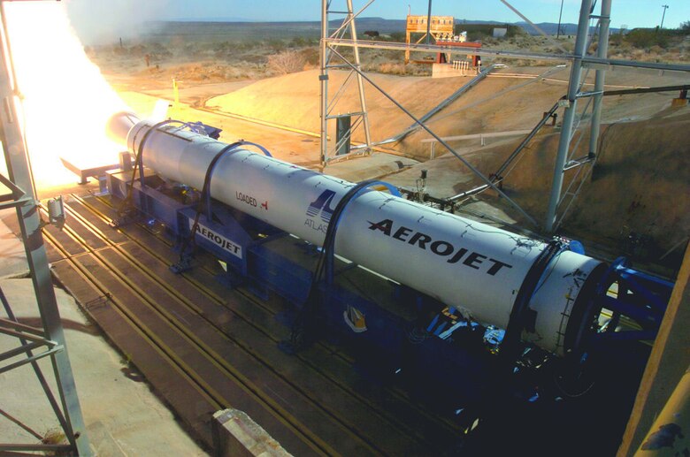 The Air Force Research Laboratory's Edwards Research Site helped static-fire the third Aerojet Block B Solid Rocket Booster for the Atlas V system.  (U.S. Air Force photo)