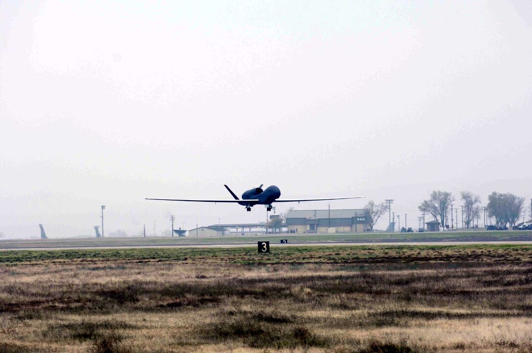 Beale's newly-arrived RQ-4 Global Hawk Remotely Piloted Aircraft took off from Beale Tuesday for its first operational Air Combat Command flight (Photo by John Schwab)