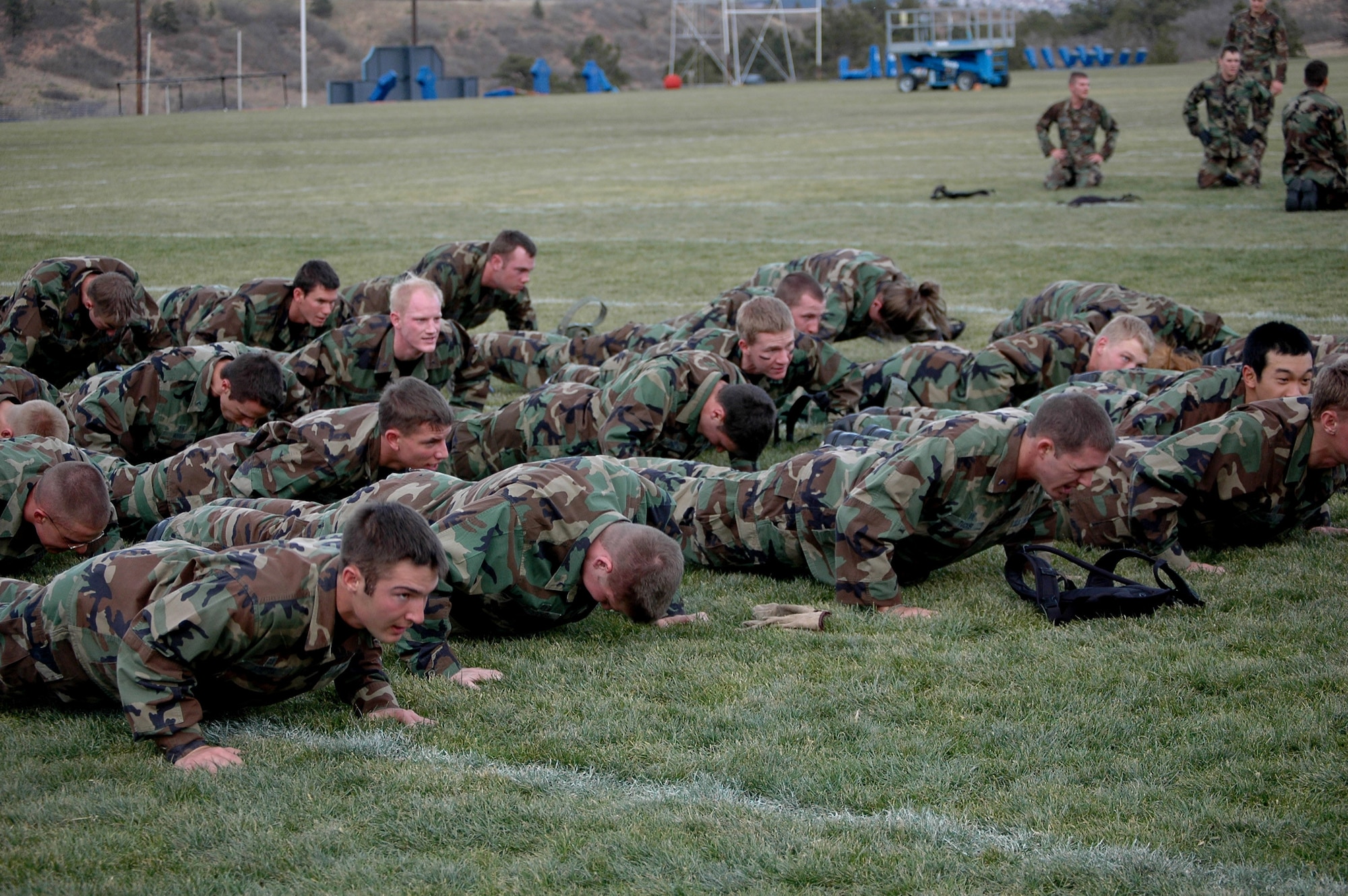 Air Force Academy cadets do push ups at nearby Jacks Valley Nov. 19 during the annual Commandant's Challenge at the Academy in Colorado Springs, Colo. (U.S. Air Force photo/Cadet 2nd Class Erinn Woodside)