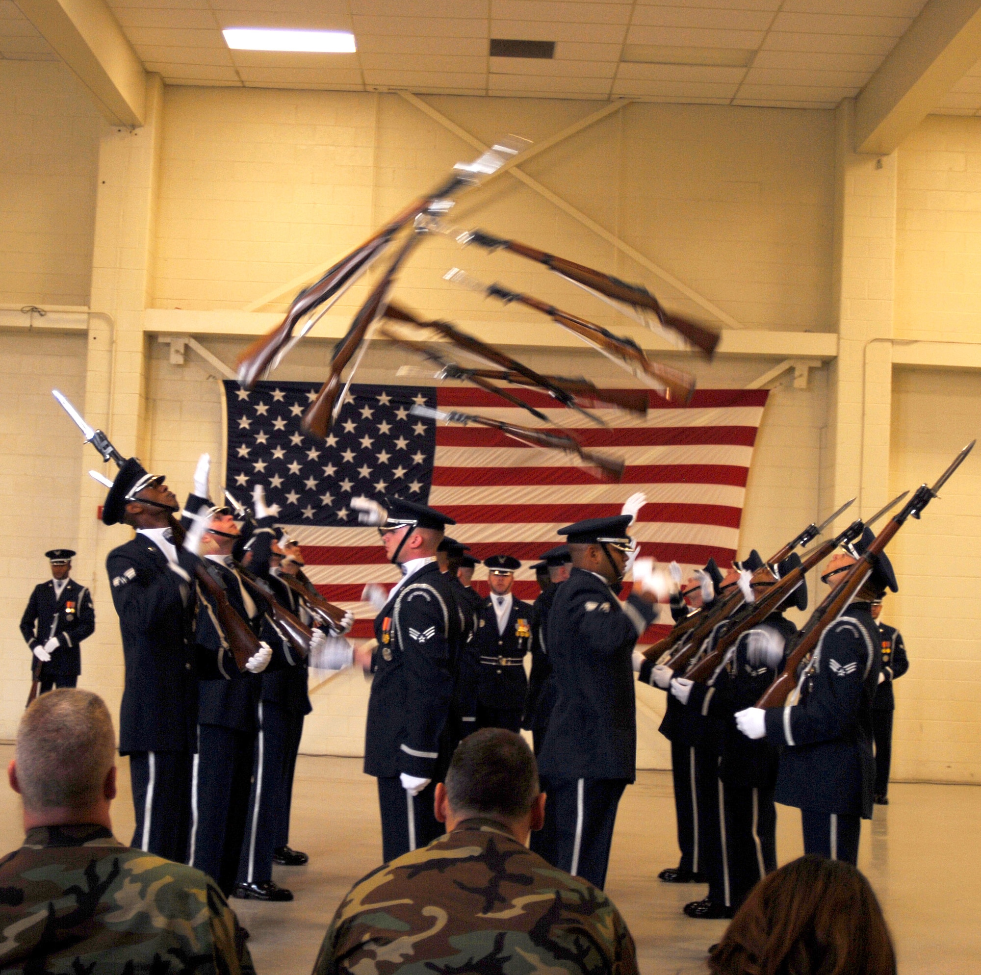 Air Force Honor Guard Drill Team members unveil their new 16-man performance for their 2007 drill season at Bolling Air Force Base, D.C., on Nov. 21. The team spent a month at Lackland AFB, Texas, practicing and perfecting the routine. (U.S. Air Force photo/Staff Sgt. Madelyn Waychoff)
