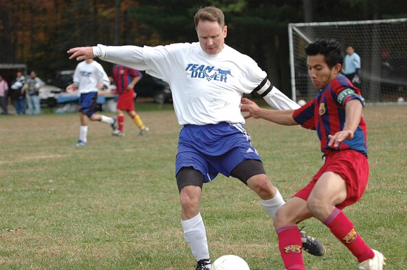 DOVER AIR FORCE BASE, Del. -- Lt. Col. Louis Patriquin, 512th Operations Group deputy commander at Dover Air Force Base, Del., played an essential midfield position keeping his opponents from scoring a goal on his team during a championship soccer game held at Dover Park Nov. 5. As of this game, Team Dover's record is 11-4, ranking them sixth in their league. The team consists of players from the 436th and 512th Airlift Wings. The 512th Airlift Wing is an Air Force Reserve Command unit. (U.S. Air Force photo/Senior Airman Steve Germann)
