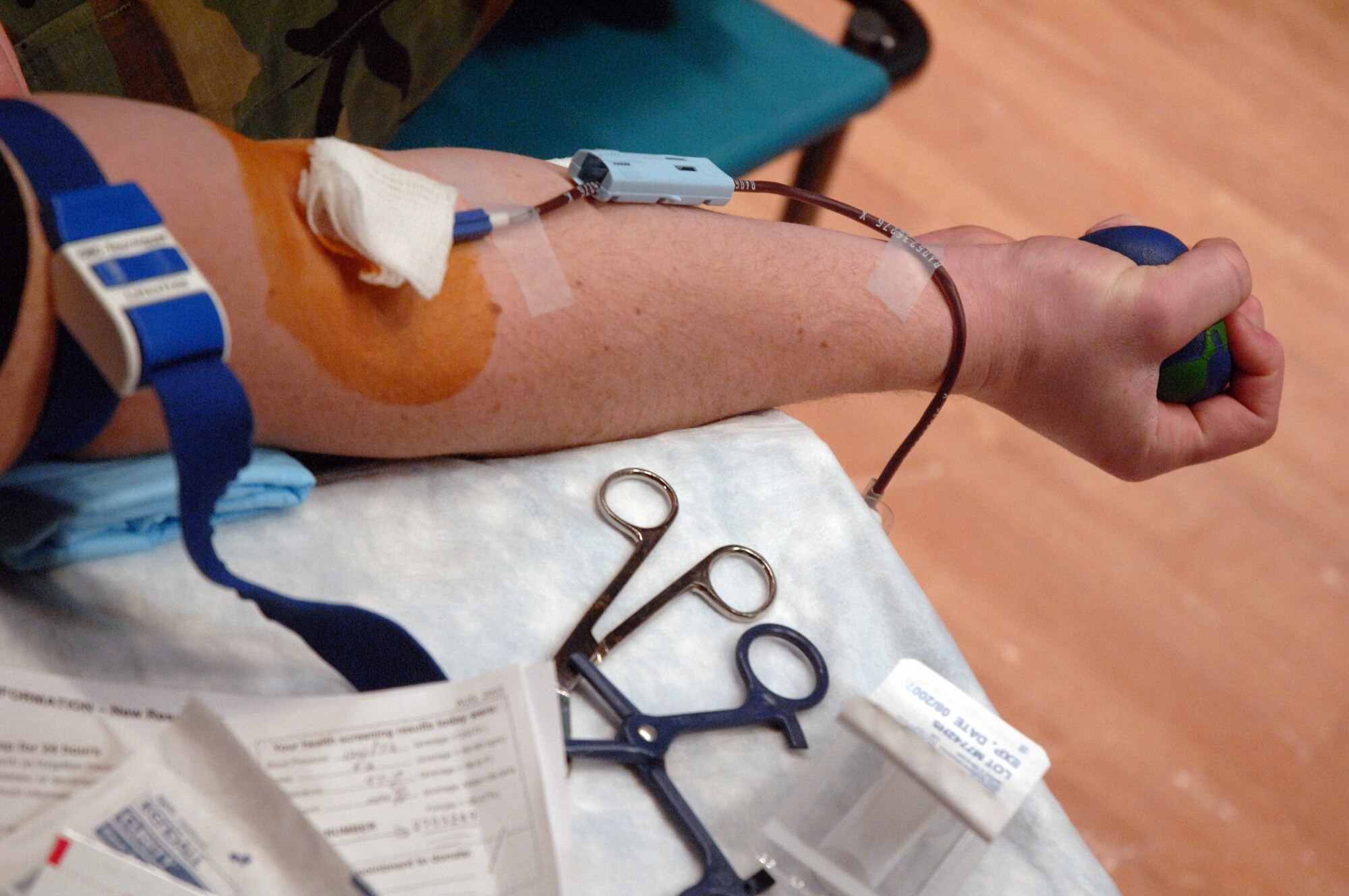 EIELSON AIR FORCE BASE, Alaska -- Airman Kyle Kremer, 354th Medical Group, gets blood drawn during the Blood Bank of Alaska's mobile blood drive here on 21 Nov. The Blood Bank of Alaska supplies blood to military and civilian hospitals throughout Alaska.
(U.S. Air Force Photo by Staff Sgt Joshua Strang)