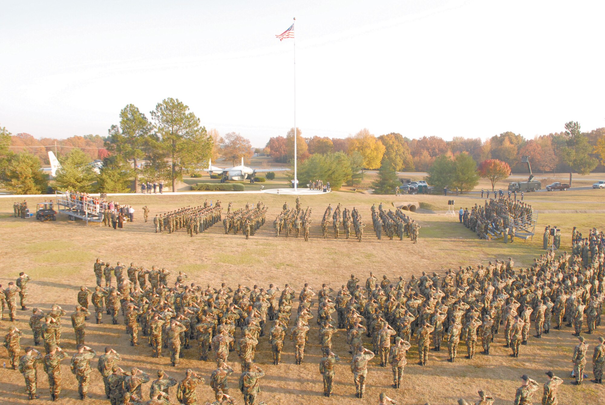 Little Rock Air Force Base Airmen perform a retreat ceremony on base Nov. 9. More than 250 Airmen formed the first mass retreat ceremony in recent years, bringing five group formations, base officials, and local civic leaders together to remember the veterans who served their country. (Photo by Airman Vanessa Dale)