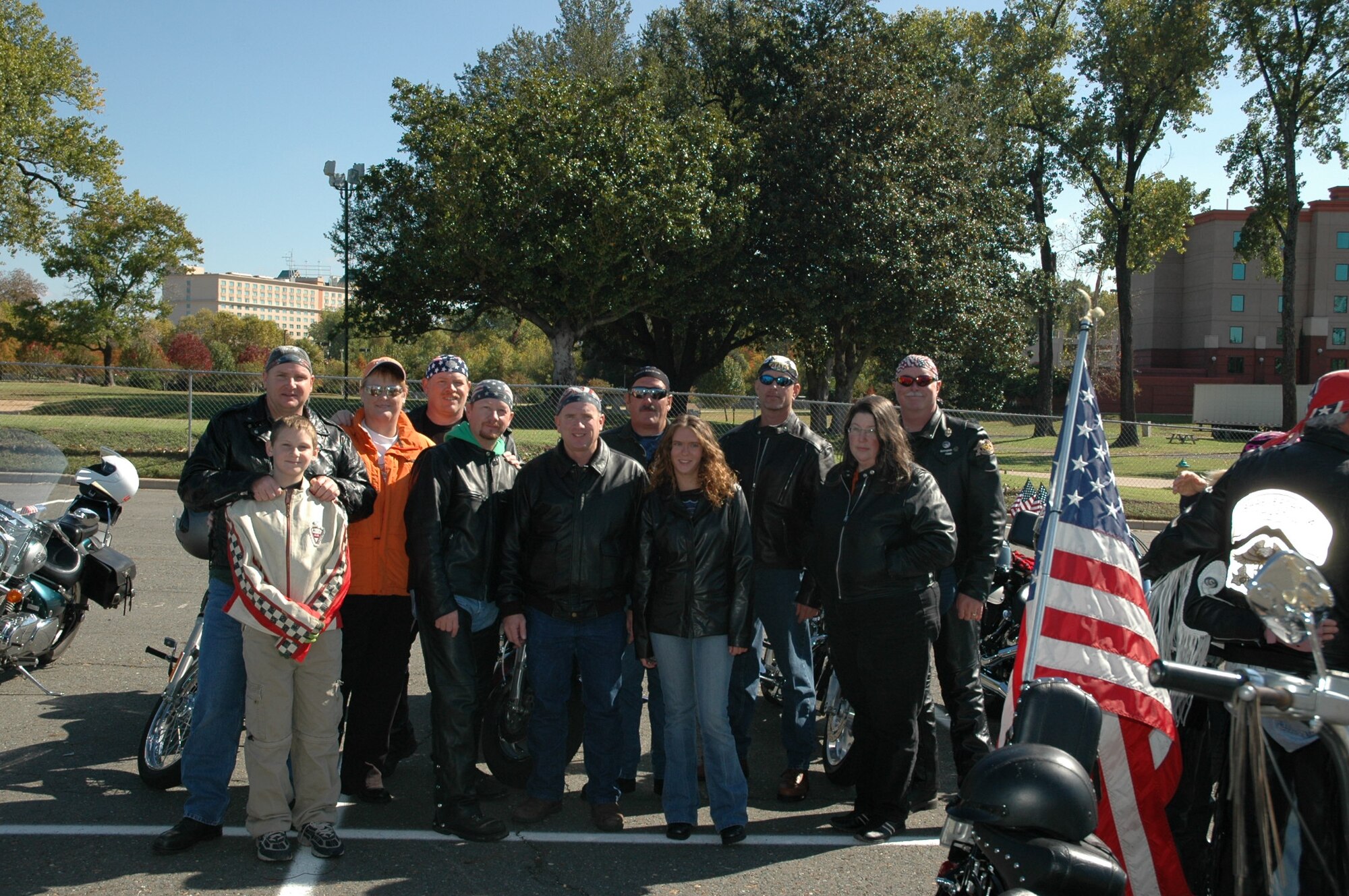 Members of the 917th Wing take time to pose for a group photo during the Veterans for Veterans Bike Event Nov. 11, 2006, held at Overton Brooks Veterans Administration Hospital in Shreveport, La. Fromleft to right: Hollis Reeves and son, Nathaniel, Tammy Smith, Gerald Currington, John Smith, Walter Bailey, Charles Strozier, Cherie Bailey, Randall Sorrell, Tami Seago, and Jerry Seago.
(U.S. Air Force photo/Master Sgt. Gerry Currington)