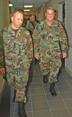 Staff Sgt. Jeffrey Wysocky, 4th Component Maintenance Squadron NCO-in-charge of trailer maintenance, escorts Brig. Gen. Bradley Young and the Air Combat Command Daedalian Team through the CMS propulsion shop?s recently renovated offices.  The ACC Daedalian Team evaluates day-to-day maintenance activities as well as self-help improvements to determine which base in ACC has the best team of maintainers.