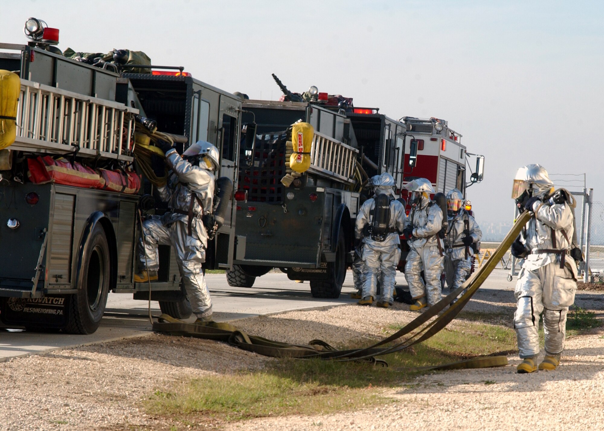 Incirlik Air Base firefighters from Engines 12 and 13 respond to a fire during an exercise Nov. 20. Incirlik firefighters conduct structural fire exercises in their new training facility quarterly. (U.S. Air Force photo by Airman Kelly LeGuillon)                                              