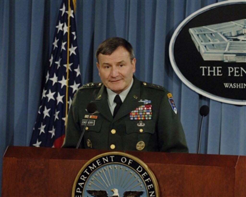 Commander of Combined Forces Command, Afghanistan Lt. Gen. Karl Eikenberry, U.S. Army, conducts a press briefing in the Pentagon on Nov. 21, 2006.   