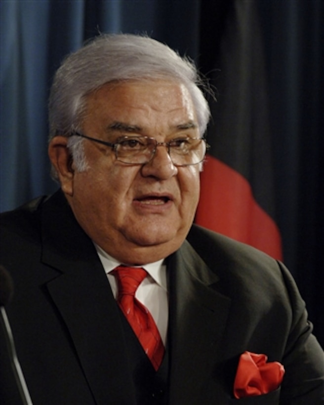 Afghan Minister of Defense Gen. Abdul Rahim Wardak conducts a press briefing in the Pentagon on Nov. 21, 2006.  Wardak was accompanied by the Commander of Combined Forces Command, Afghanistan Lt. Gen. Karl Eikenberry, U.S. Army.  