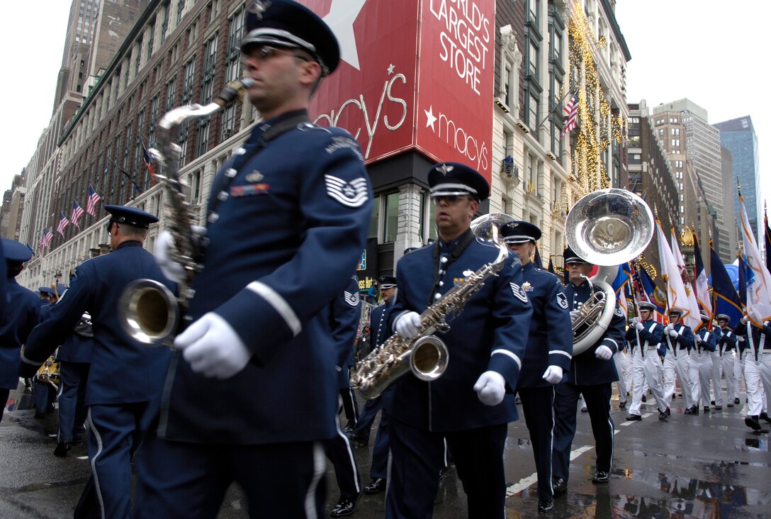 The U.S. Air Force Academy Marching Band rounds the corner of Broadway and 34th street at the 80th Macy's Thanksgiving Day Parade in New York City, NY,, Nov. 23,
(U.S. Air Force photo/Senior Airman Brian Ferguson)
