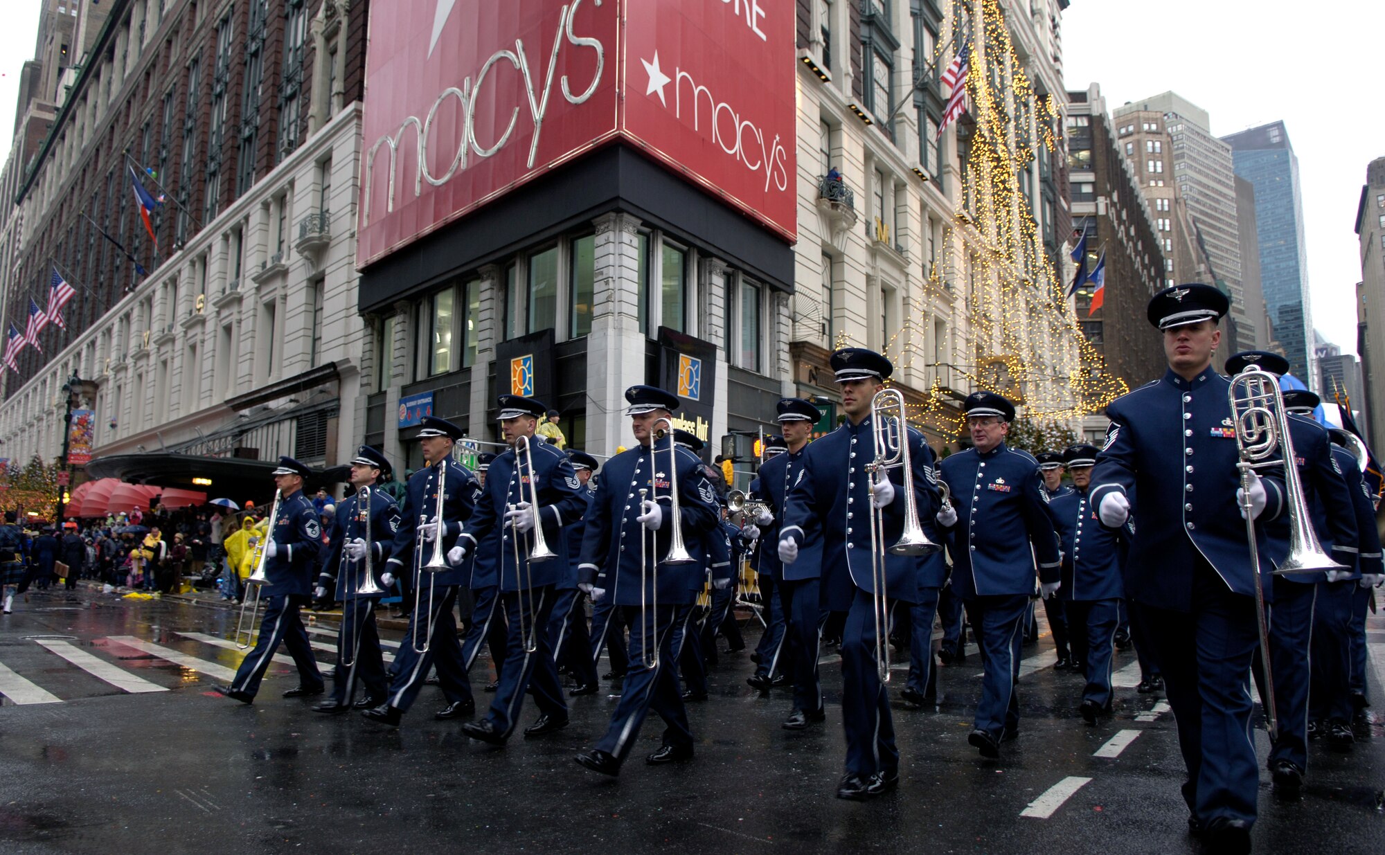 The U.S. Air Force Academy Marching Band rounds the corner of Broadway and 34th Street at the 80th Macy's Thanksgiving Day Parade in New York City, N.Y., Nov. 23.
(U.S. Air Force photo/Senior Airman Brian Ferguson)
