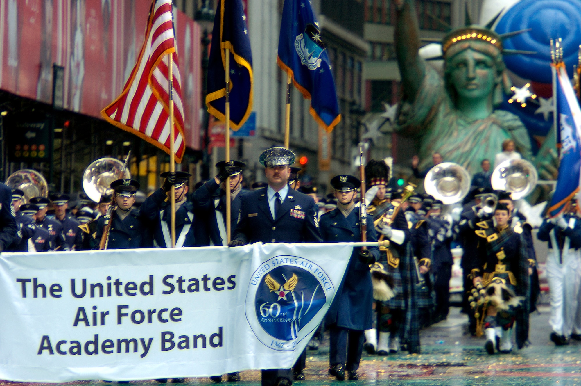 The U.S. Air Force Academy Marching Band marches down Broadway at the 80th Macy's Thanksgiving Day Parade in New York City, N.Y., Nov. 23. (U.S. Air Force photo/Senior Airman Brian Ferguson)
