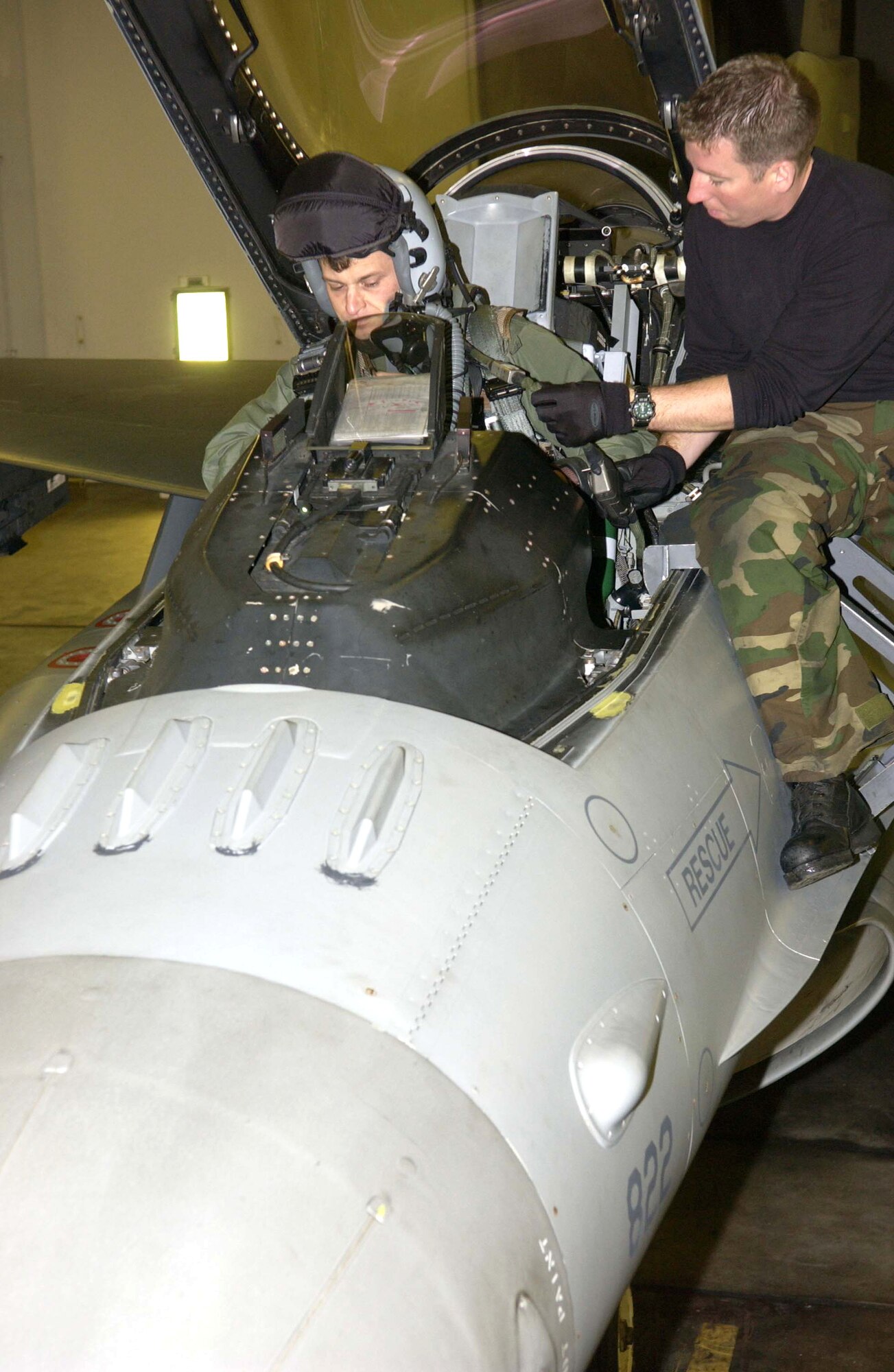 Lt. Col. Andrew Dembosky climbs into his F-16 Fighting Falcon as Crew Chief Staff Sgt. Robert Parsons helps with the preflight preparations Nov. 14 at Misawa Air Base, Japan. Colonel Dembosky is the 35th Fighter Wing inspector general. (U.S. Air Force photo/Senior Airman Robert Barnett)