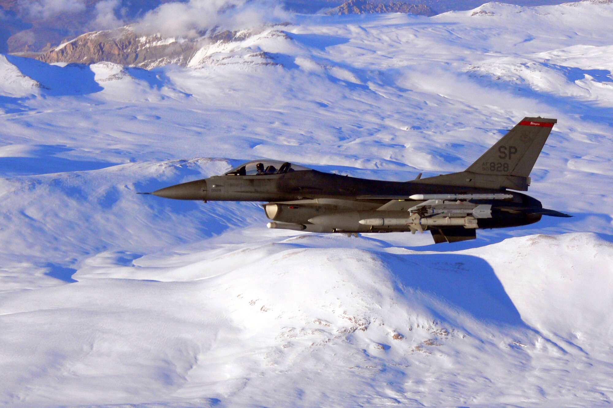 An F-16 Fighting Falcon performs combat air patrol over the glaciers of central Turkey during Exercise Anatolian Eagle. About a dozen F-16s and more than 200 Airmen traveled from Spangdahlem Air Base, Germany, to participate in the NATO exercise at Konya Air Base, Turkey. (U.S. Air Force photo/Master Sgt. Ron Przysucha)
