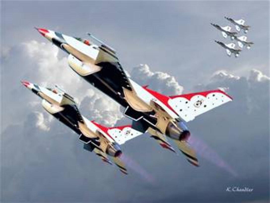 F-16 Thunderbirds.  Created by Ken Chandler. Image is 10x7.5 @ 300 ppi and is available up to 18x24 inches @ 300 ppi.  This image is copyrighted and is the property of Ken Chandler and is available only to members of the armed forces and military organizations.