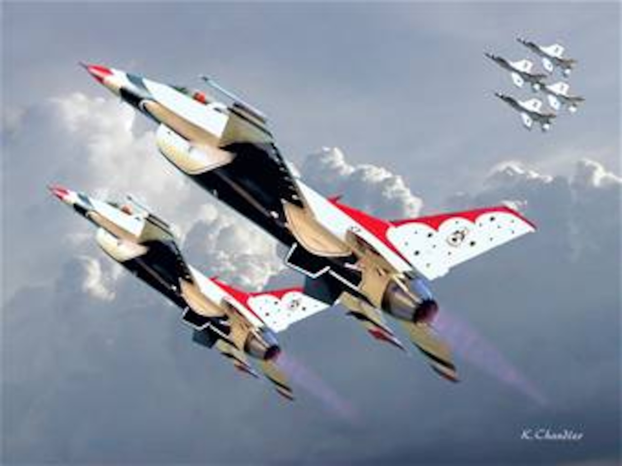 F-16 Thunderbirds.  Created by Ken Chandler. Image is 10x7.5 @ 300 ppi and is available up to 18x24 inches @ 300 ppi.  This image is copyrighted and is the property of Ken Chandler and is available only to members of the armed forces and military organizations.