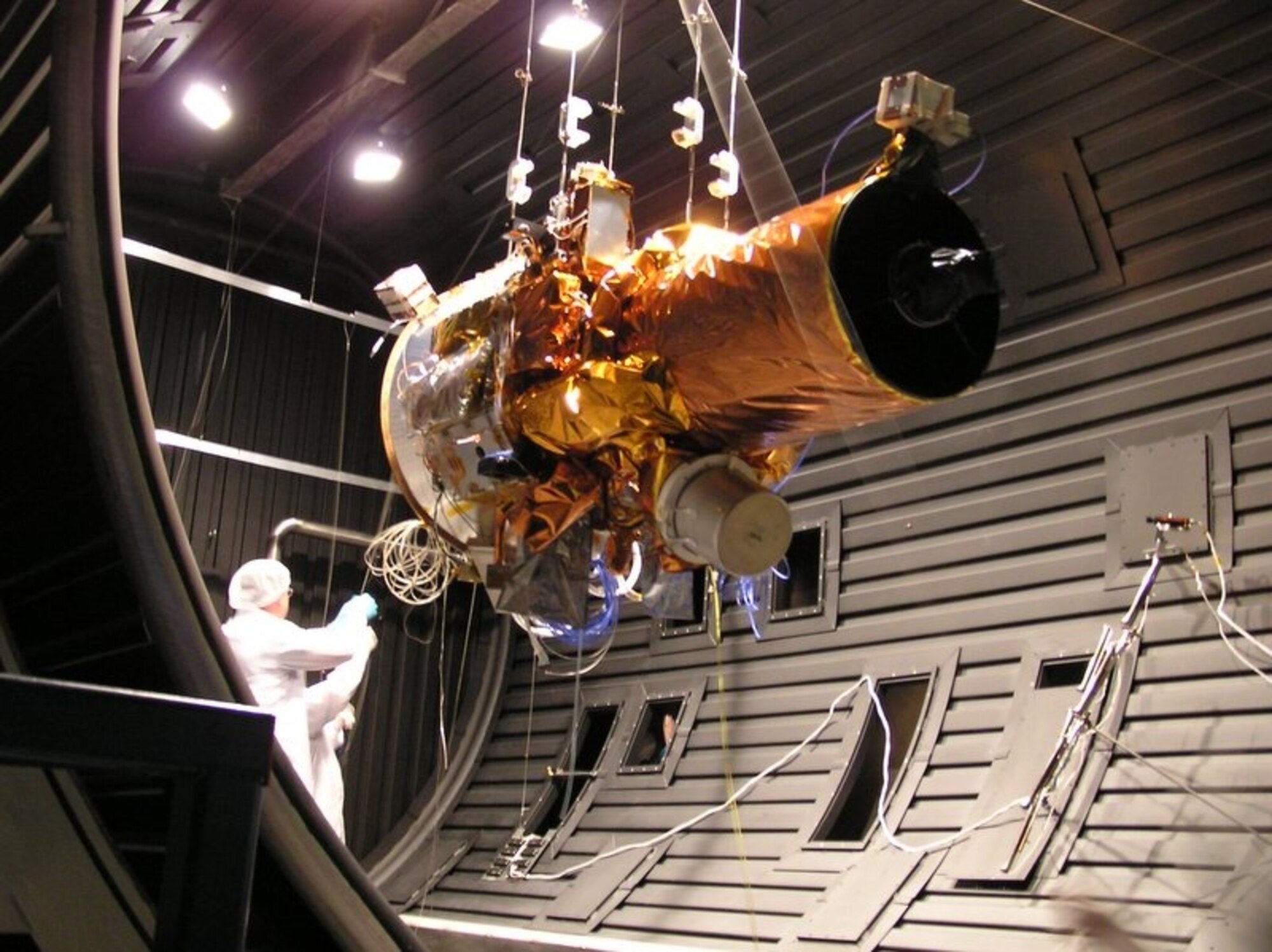 ATacSat-2 micro satellite is readied for thermal vacuum testing at AFRL's Space Vehicles Directorate, Kirtland Air Force Base, N.M. (Air Force photo) 