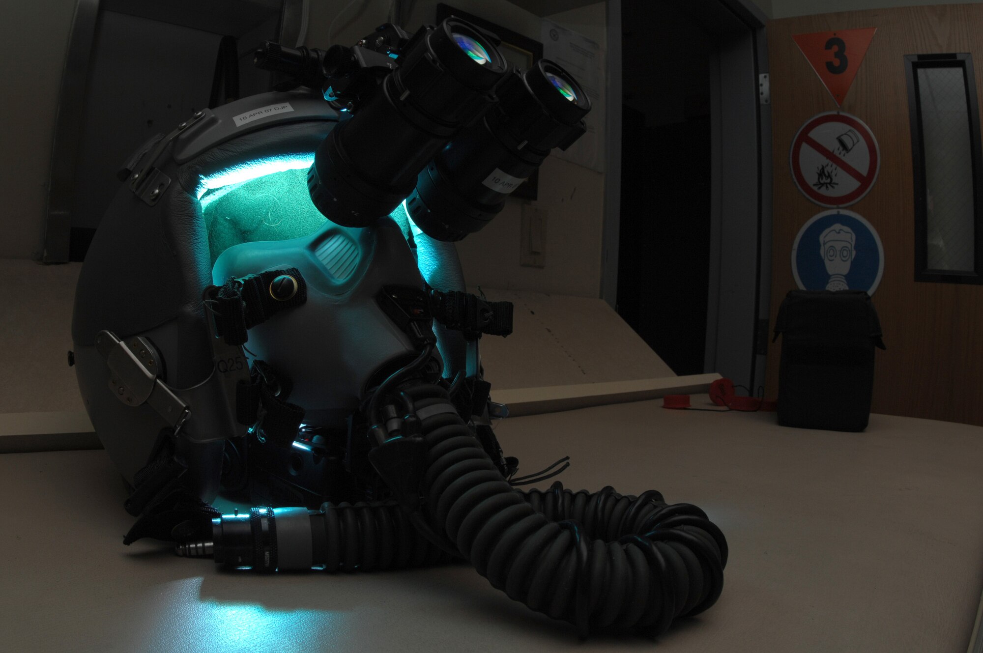 EIELSON AIR FORCE BASE, Alaska -- AN/AVS-9 Night Vision Goggles (NVG's) sit atop a fighter pilot's helmet in the Life Support Section of the 355th Fighter Squadron here on 29 Nov. During the winter months pilots of Eielson Air Force Base, Alaska are given a greater opportunity to train with NVG's more than their counterparts in the lower 48 states due to the decrease length of sunlight.
(U.S. Air Force Photo by Staff Sgt Joshua Strang)