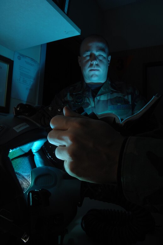 EIELSON AIR FORCE BASE, Alaska -- Staff Sgt Timothy Huffman consults the Technical Order while Airman First Class Andrew Witherspoon adjust the eyespan on a pair of AN/AVS-9 Night Vision Goggles (NVG's) in the Life Support Section of the 355th Fighter Squadron here on 29 Nov. During the winter months pilots of Eielson Air Force Base, Alaska are given a greater opportunity to train with NVG's more than their counterparts in the lower 48 states due to the decrease length of sunlight.
(U.S. Air Force Photo by Staff Sgt Joshua Strang)