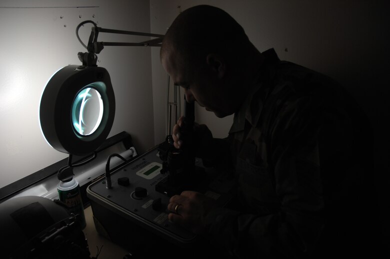 EIELSON AIR FORCE BASE, Alaska -- Staff Sgt Timothy Huffman checks for lens defects on a pair of AN/AVS-9 Night Vision Goggles (NVG's) in the Life Support Section of the 355th Fighter Squadron here on 29 Nov. During the winter months pilots of Eielson Air Force Base, Alaska are given a greater opportunity to train with NVG's more than their counterparts in the lower 48 states due to the decrease length of sunlight.
(U.S. Air Force Photo by Staff Sgt Joshua Strang)