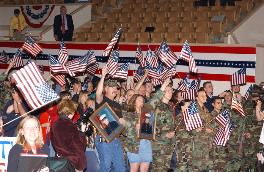 (Photo by Frank McIntyre) Vance Air Force Base Airmen and Enid community members listen to Deputy Assistant Secretary of Defense Allison Barber during the Enid, America Supports You rally March 31.