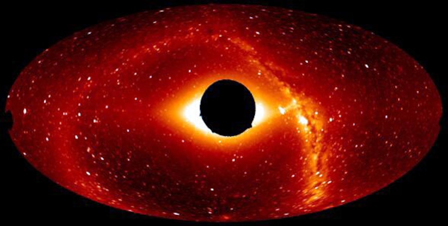 An all-sky composite image taken by the experimental Solar Mass Ejection Imager displays the dark, 20&ordm; exclusion zone around the sun, stars, and Milky Way galaxy.  The SMEI&rsquo;s three cameras produce a view of objects in space at a range beginning 20&ordm; outwards from the sun and extending beyond the earth (US Air Force photo).