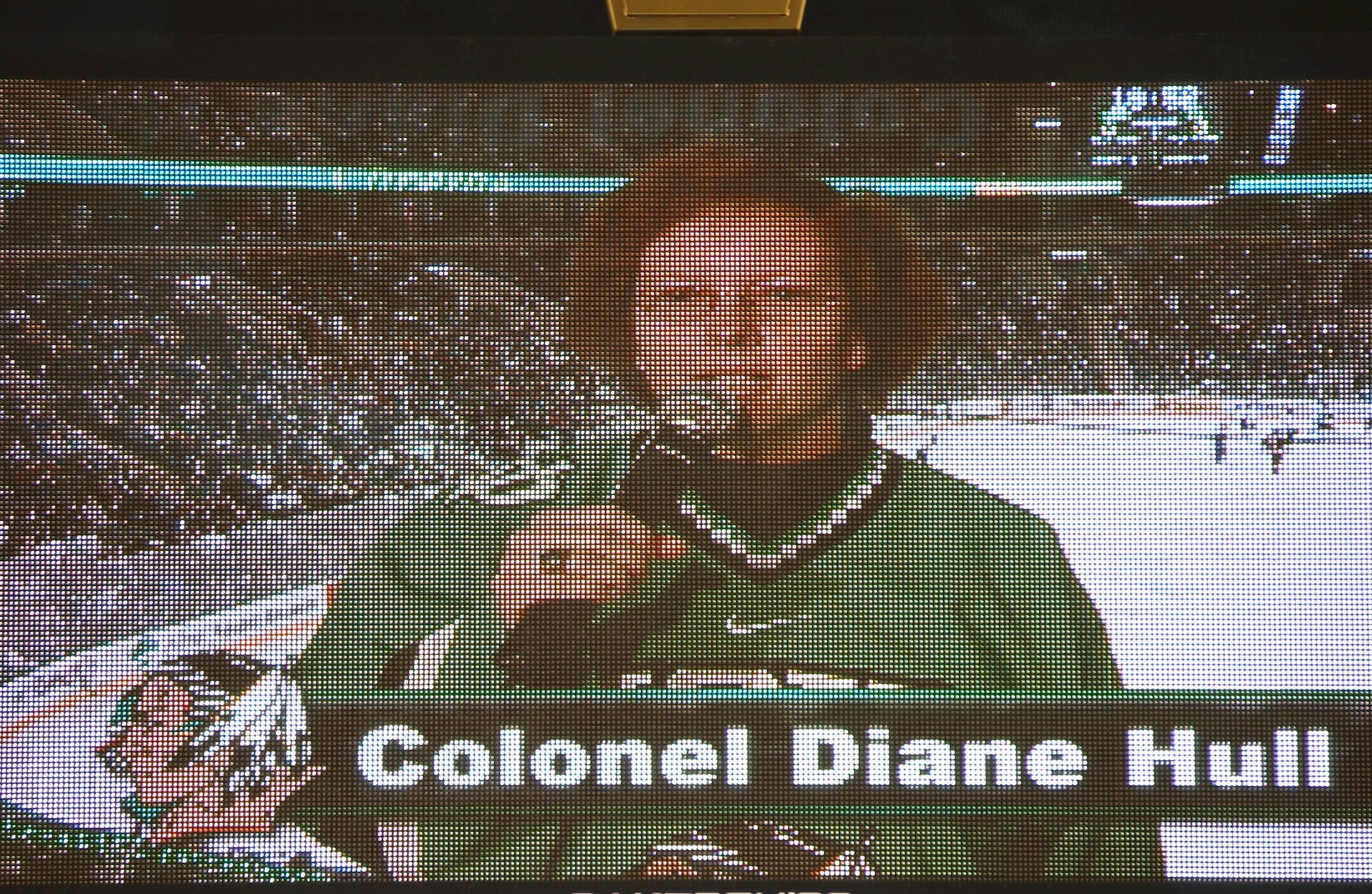 GRAND FORKS AFB, N.D. -- Col. Diane Hull, 319th Air Refueling Wing commander, speaks to the local community during a University of North Dakota Fighting Sioux hockey game.  Discounted tickets were made available to Airmen through a collaboration between the base, city and UND.  The commander was present to give a welcome message to Sioux fans on behalf of the Warriors of the North. (photo/Tech. Sgt. Rob Mims)