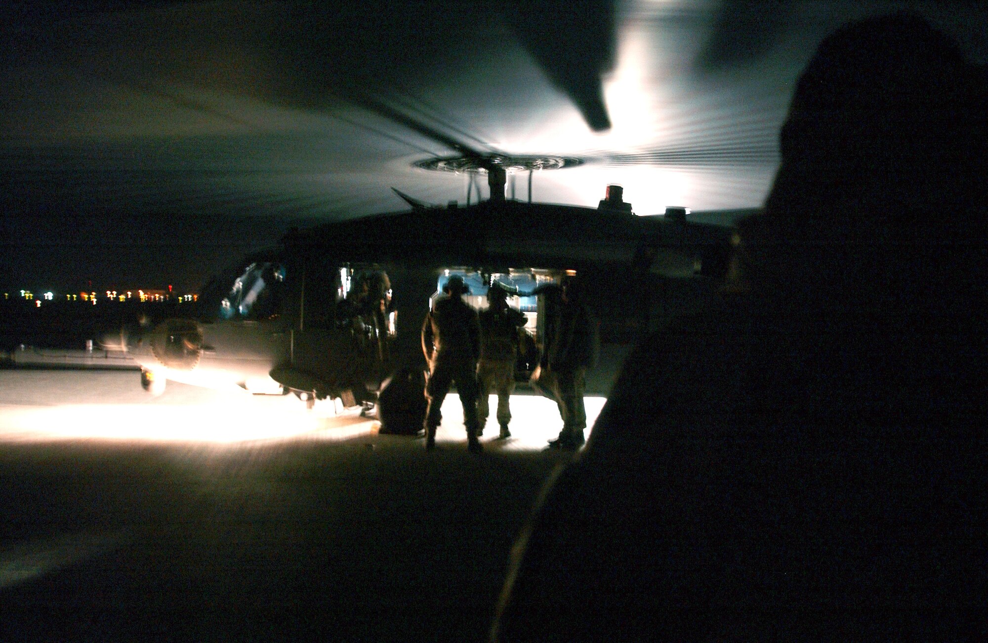 A HH-60G Pave Hawk prepares to launch Nov. 7 at Balad Air Base, Iraq. Members of the 64th Expeditionary Helicopter Maintenance Squadron are responsible for maintaining the aircraft flown by the 64th Expeditionary Rescue Squadron. (U.S. Air Force photo/Staff Sgt. Alice Moore)