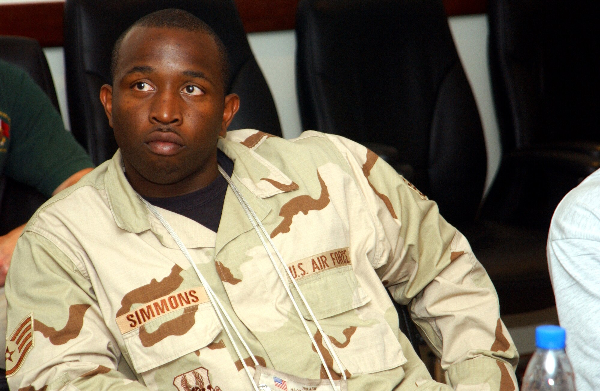 Staff Sgt. Kino Simmons listens to a paralegal talk about the legal issues involved with being a victim advocate Nov. 29 at a Southwest Asia base. (U.S. Air Force photo/Master Sgt. Jason Tudor)