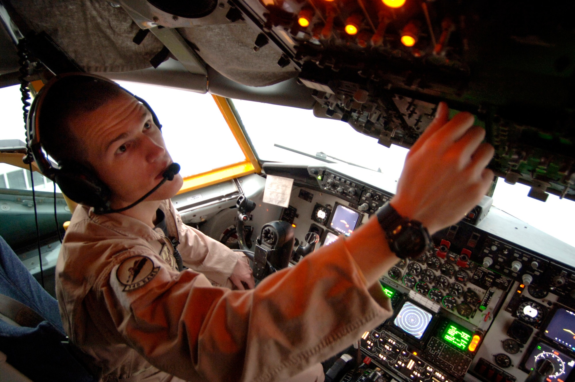 First Lt. Dustin Torbensen flies an air refueling mission on board a KC-135 Stratotanker in support of Operation Iraqi Freedom Nov. 25 over Iraq. Lieutenant Torbensen is deployed from Grand Forks Air Force Base, N.D., to Southwest Asia for a two-month rotation with the 379th Air Expeditionary Refueling Wing. (U.S. Air Force photo/Master Sgt. Scott Wagers)
