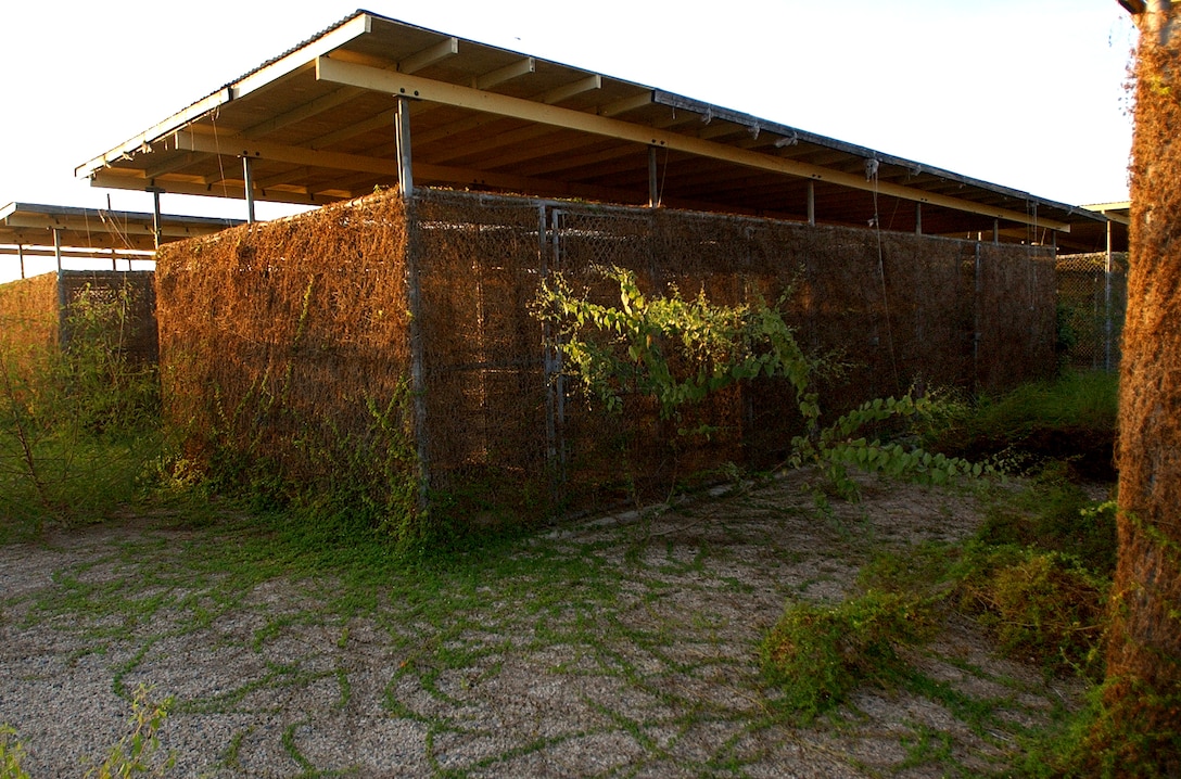 The setting sun lights up what was once detainee cells at Camp X-Ray, the first detention center at Naval Base Guantanamo Bay, Cuba, for enemy combatants captured in the global war on terrorisim, Nov. 14, 2006. In use for four months in 2002, Camp X-Ray was replaced by Camp Delta, a more permanant facility better suited for the safe and humane care of detainees. 