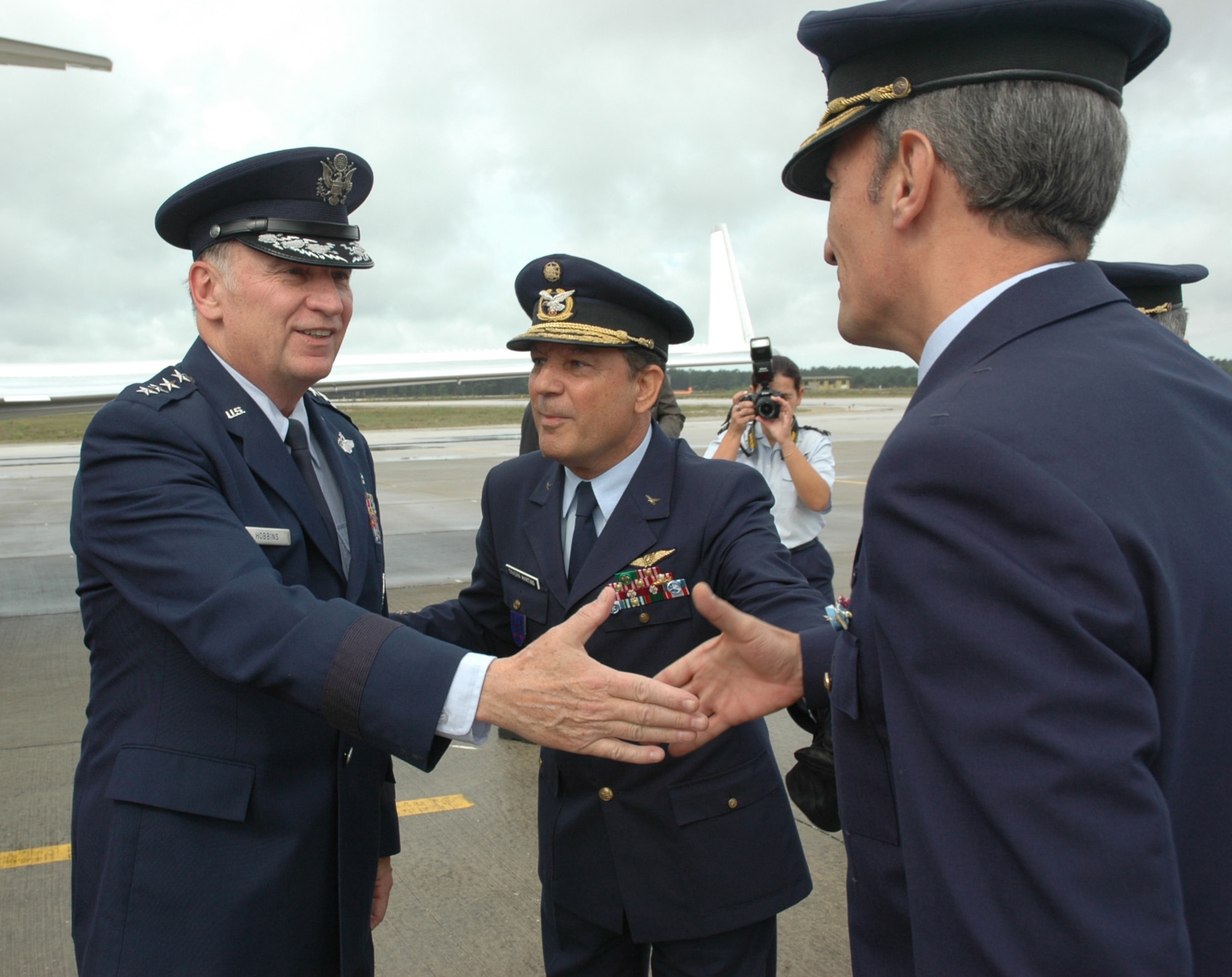 MONTE REAL AIR BASE, Portugal--Gen. Tom Hobbins (left), U.S. Air Forces in Europe commander, is introduced to Portuguese Colonel Joao Luis Ramirez de Carvalho Cordeiro, Monte Real Air Base commander, by Portuguese General Manuel Jose Taveira Martins, Portuguese Air Force Chief of Staff, during a base visit Sep. 29. (U.S. Air Force Photo/Capt. Elizabeth Culbertson)