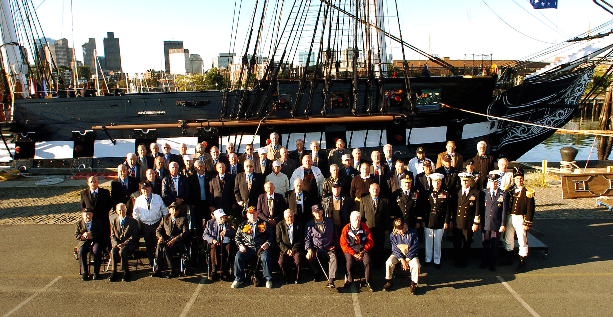 More than 70 Medal of Honor recipients gather in Charlestown, Mass., for a group photo in front of the USS Constitution, the world's oldest commissioned warship afloat.  They were there for a turnaround cruise and Medal of Honor flag presentation Sept. 30 in Boston Harbor.  The Medal of Honor is the country's highest military honor, awarded for acts of valor above and beyond the call of duty. (U.S. Navy photo/Mass Communication Specialist 1st Class Chad J. McNeeley)