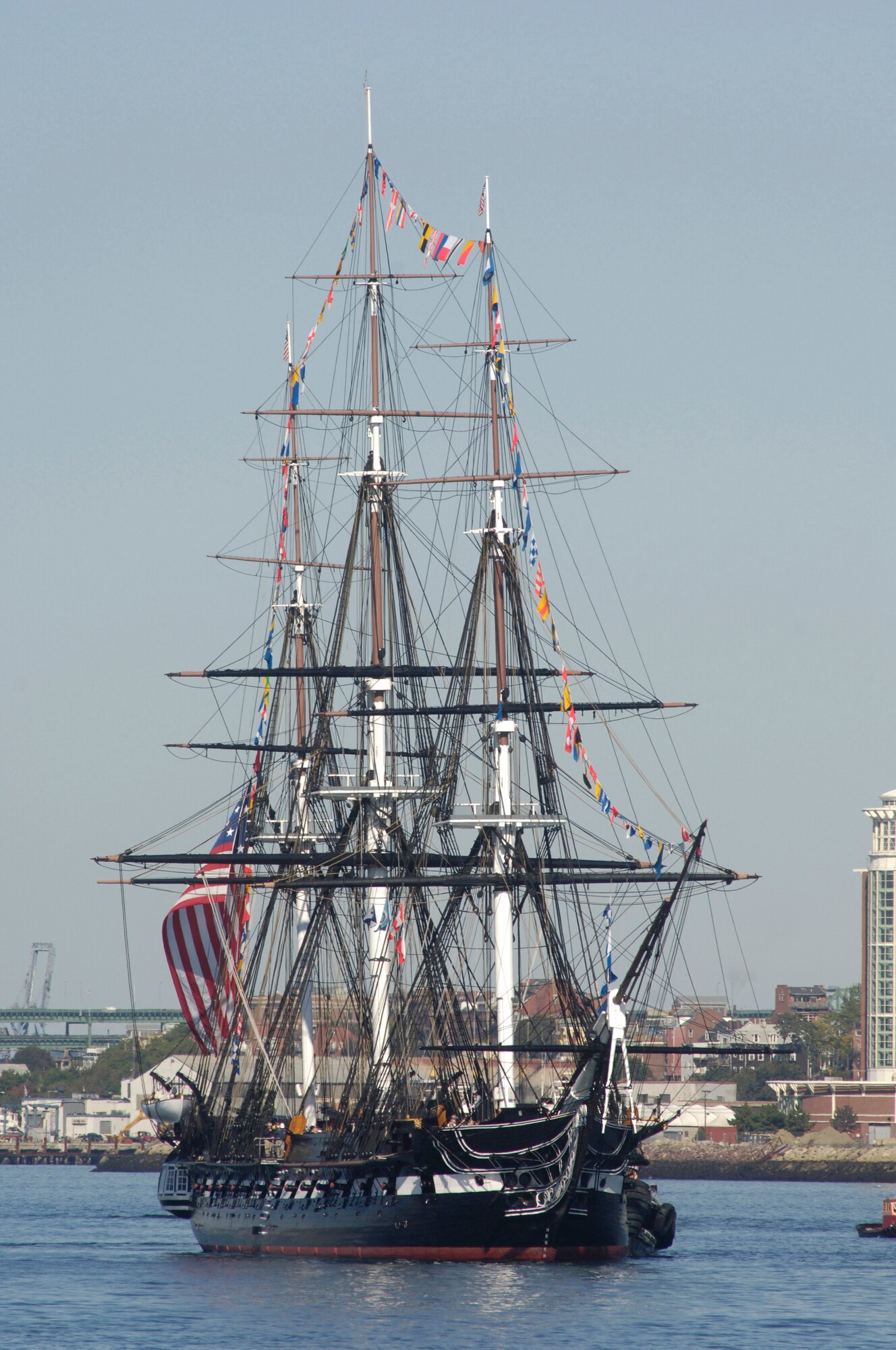 The USS Constitution sails past Castle Island in Boston Harbor during a turn-around cruise Sept. 30 for more than 70 Medal of Honor recipients.  The Constitution is the oldest commissioned warship afloat.  While on board, the Medal of Honor recipients were honored with a Medal of Honor flag presentation.  The Medal of Honor is the country's highest military honor, awarded for acts of valor above and beyond the call of duty.  (U.S. Air Force photo/Janice Abate)