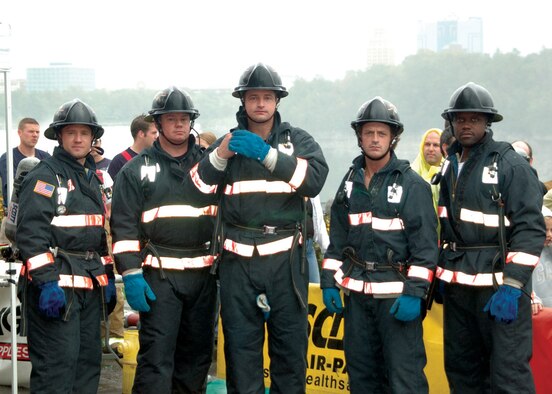 NIAGARA FALLS, ONTARIO, CANADA-Members from the Niagara Falls Air Reserve Station Fire Department compete in this annual event held this year in CANADA.  Members on the team are: (Left to Right) Firefighter Chad Larson, Lt. John McDonald, Lt. Mike Cameron,  Lt. Joe Foucha, and Lt. Ricardo Bush.  The four day event brought firefighters from all over Canada including the only American team from the Air Base.  The competition centered around five events; the Tower Climb, Hose Hoist, Forcible Entry, Hose Advance and Victim Rescue all of which replicate actual firefighting scenarios.  Niagara came in 7th place overall from over 500 compeating firefighters.  Photo by Master Sgt. Peter Borys, 914th Airlift Wing Public Affairs (Released)