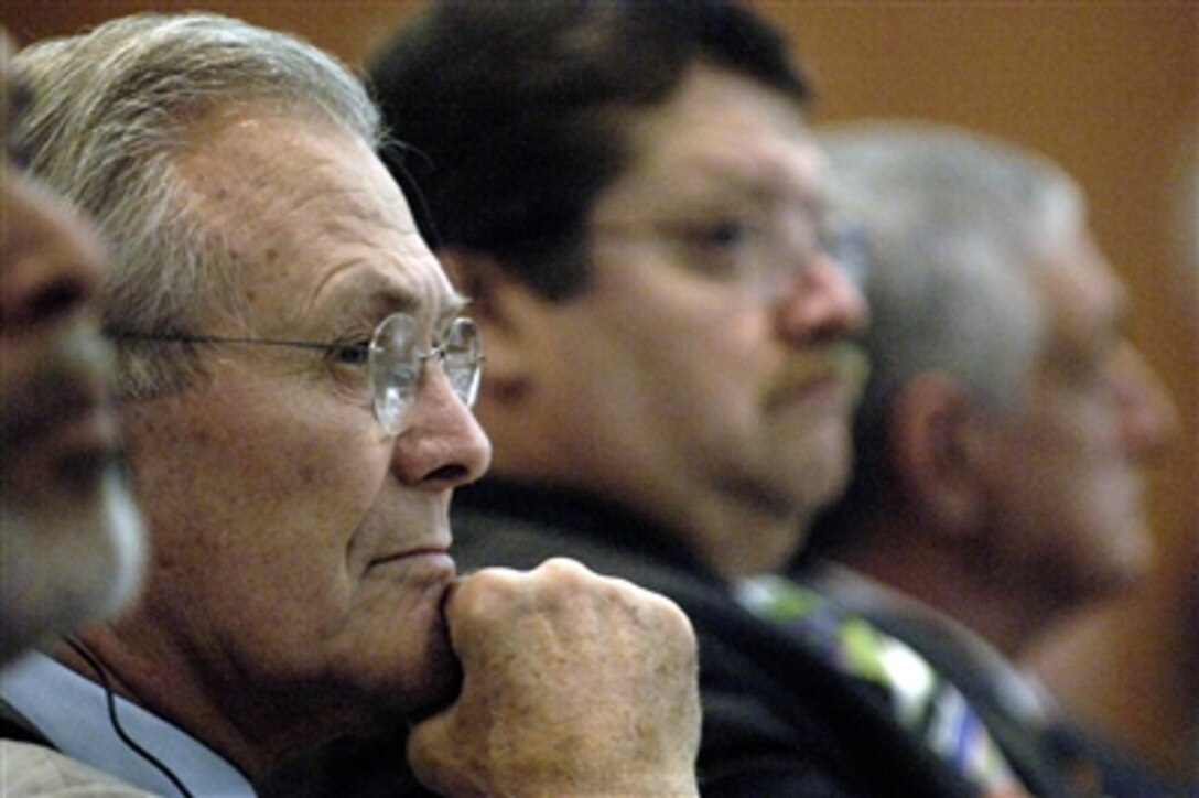 Defense Secretary Donald H. Rumsfeld listens to remarks during the Defense Minister conference at Managua, Nicaragua, Oct. 2, 2006. Rumsfeld is visiting Nicaragua to attend the Defense Ministerial of Americas conference to promote defense and security cooperation among western hemisphere countries.