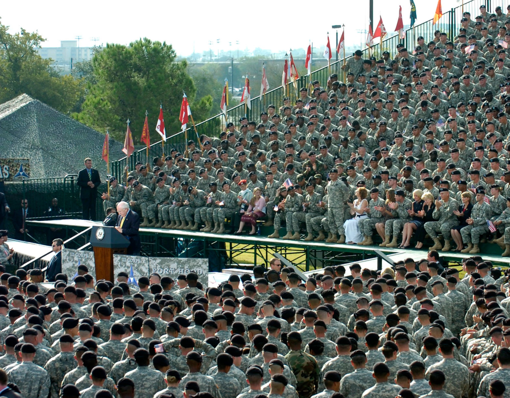 Vice President Dick Cheney addresses Soldiers and Airmen Oct. 4 at Fort Hood, Texas.  The troops are preparing for an upcoming deployment to Iraq.   (Courtesy photo)