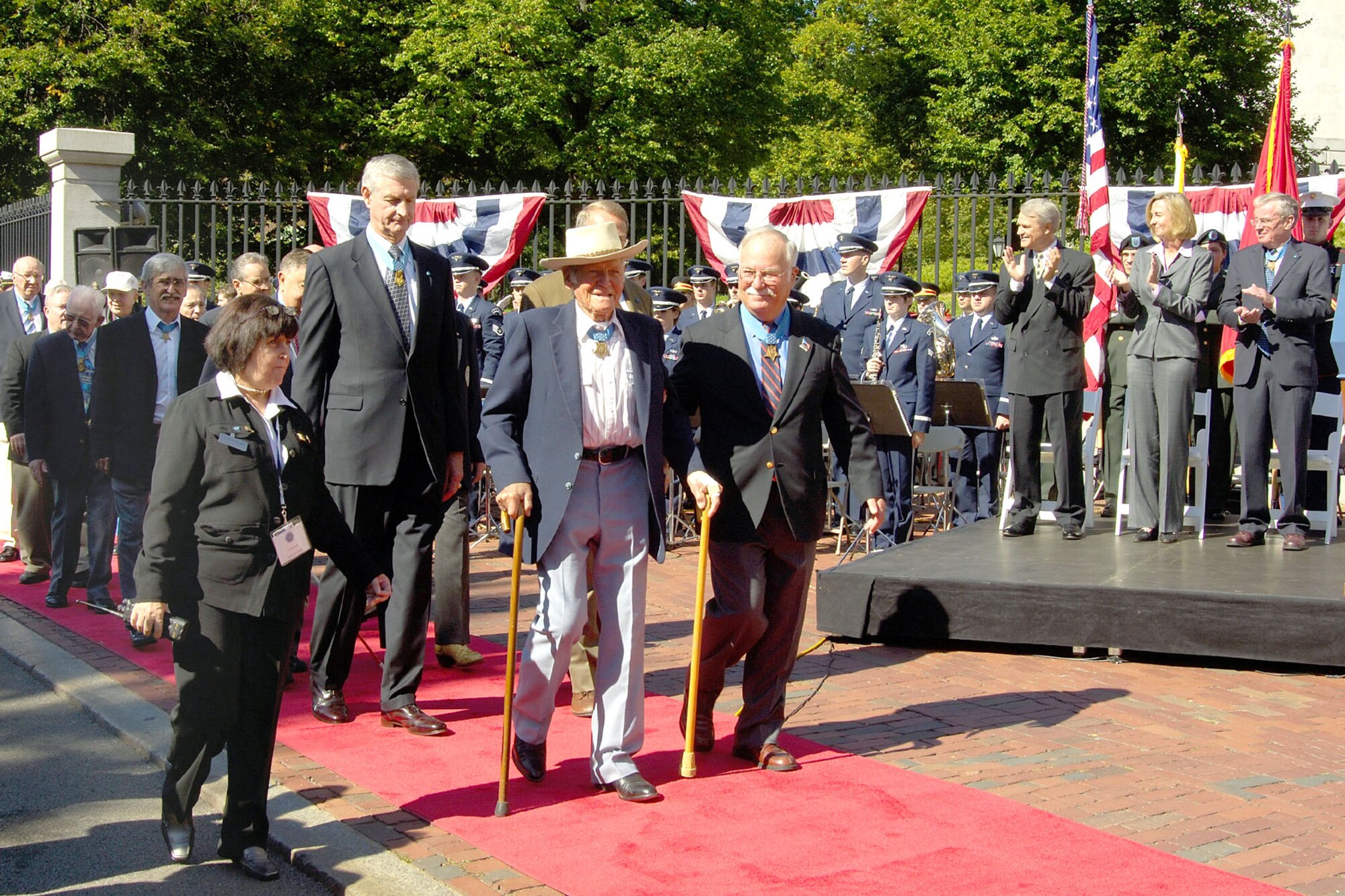 More than 70 Medal of Honor recipients in Boston for an annual convention, attended a special ceremony at the State House on Sept. 27.  The ceremony was attended by state leaders and active-duty servicemembers and ROTC cadets of all branches of military service. The Air Force Band of Liberty from Hanscom Air Force Base provided the music accompaniment for the ceremony. (U.S. Air Force photo/Jan Abate)
