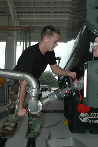 DUKE FIELD, Fla. -- Senior Airman Christopher Latsko prepares to refuel the R-11 refueling/defueling truck at the new petroleum, oil, lubricant complex at Duke Field.  (U.S. Air Force photo/Senior Airman Erik Hofmeyer) 
