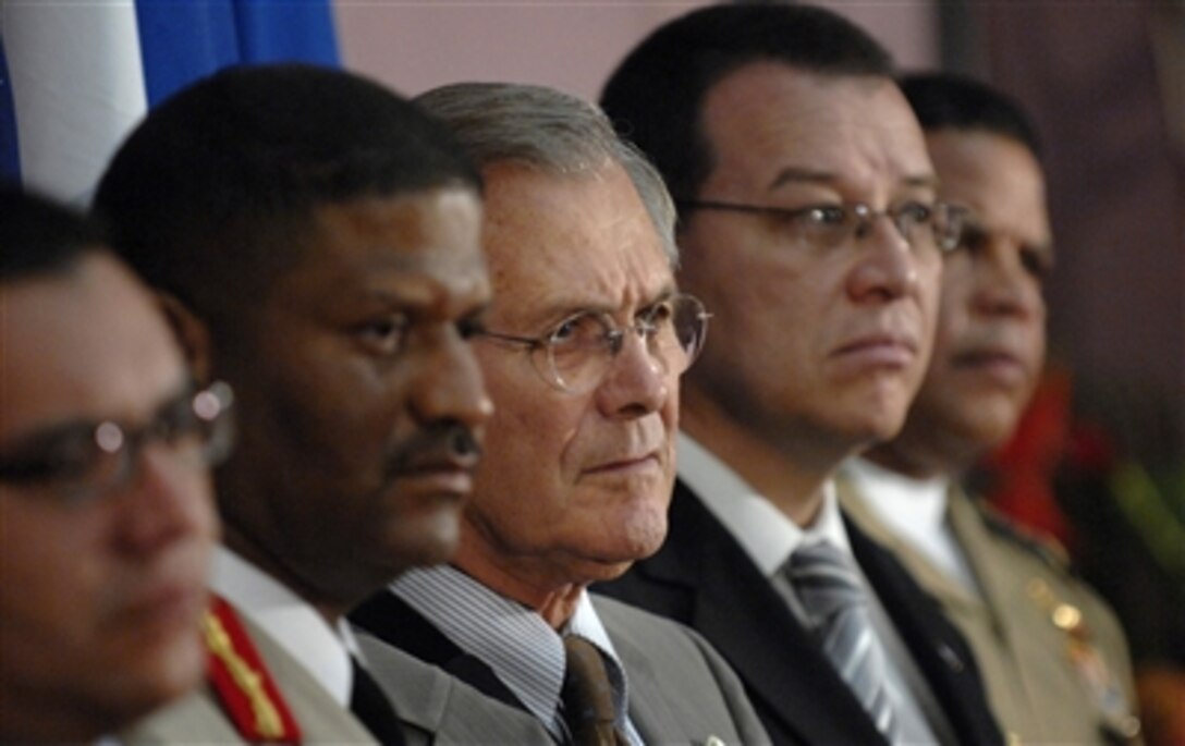 Defense Secretary Donald H. Rumsfeld listens to a reporter's question during a press availability at the presidential palace in Managua, Nicaragua, Oct. 3, 2006. Rumsfeld visited Nicaragua to attend the Defense Ministerial of Americas Conference to promote defense and security cooperation among western hemisphere countries. 