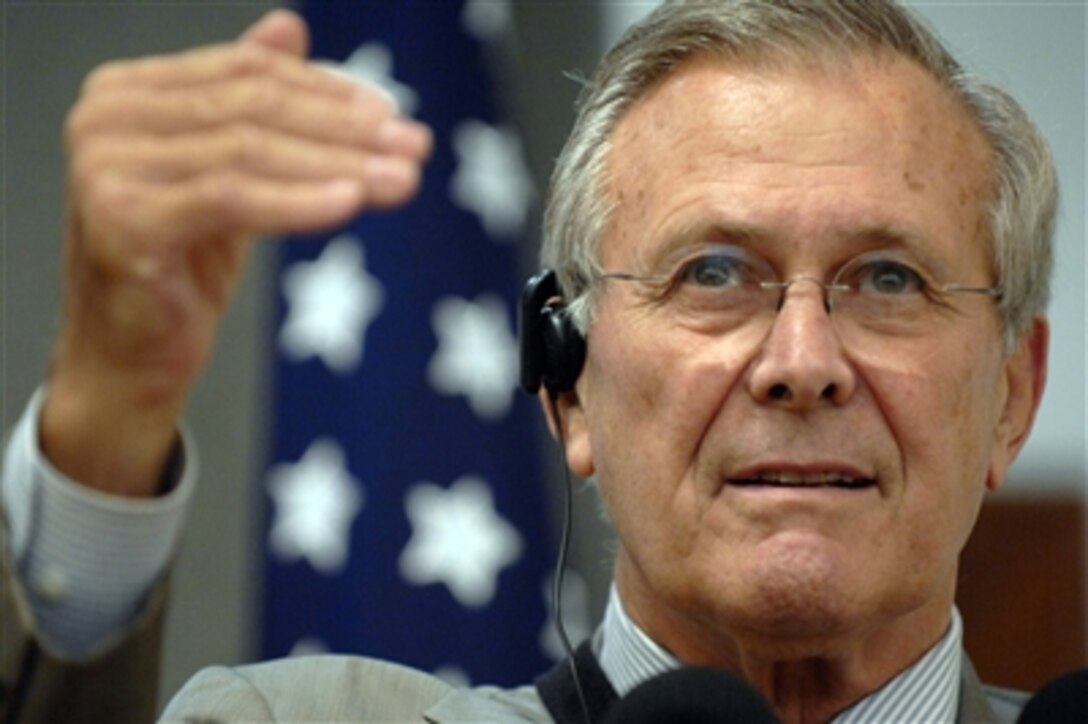 Secretary of Defense Donald H. Rumsfeld delivers remarks during a press availability at the presidential palace in Managua, Nicaragua, on Oct. 3, 2006.  Rumsfeld is in Nicaragua attending the Defense Ministerial of the Americas conference to promote defense and security cooperation among countries in the Western hemisphere.  